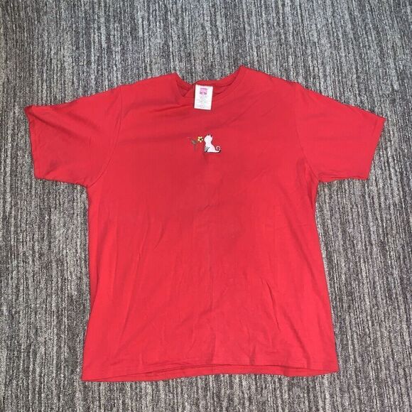 Hanes Her Way Women’s T Shirt Size Medium Red Embroidered Cat‎ And Flower Cotton - Picture 1 of 4